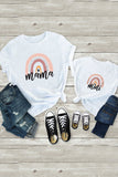 TZ25186-1-S, TZ25186-1-M, TZ25186-1-L, TZ25186-1-XL, TZ25186-1-XXL, White Kids Mini Rainbow Print Crew Neck T Shirt Matching Outfit