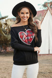 LC2513794-2-S, LC2513794-2-M, LC2513794-2-L, LC2513794-2-XL, LC2513794-2-2XL, Black  Valentine Graphic Tees Love Heart Plaid Bat Sleeve Top for Women