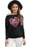 LC2513794-2-S, LC2513794-2-M, LC2513794-2-L, LC2513794-2-XL, LC2513794-2-2XL, Black  Valentine Graphic Tees Love Heart Plaid Bat Sleeve Top for Women