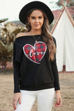 LC2513794-2-S, LC2513794-2-M, LC2513794-2-L, LC2513794-2-XL, LC2513794-2-2XL, Black  Valentine Graphic Tees Love Heart Plaid Bat Sleeve Top for Women