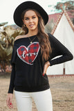 LC2513794-2-S, LC2513794-2-M, LC2513794-2-L, LC2513794-2-XL, LC2513794-2-2XL, Black  Valentine Graphic Tees Love Heart Plaid Bat Sleeve Top for Women