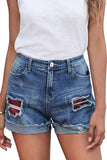 LC78823-3-S, LC78823-3-M, LC78823-3-L, LC78823-3-XL, LC78823-3-2XL, Red Ripped Patchwork Hem Denim Shorts for Women