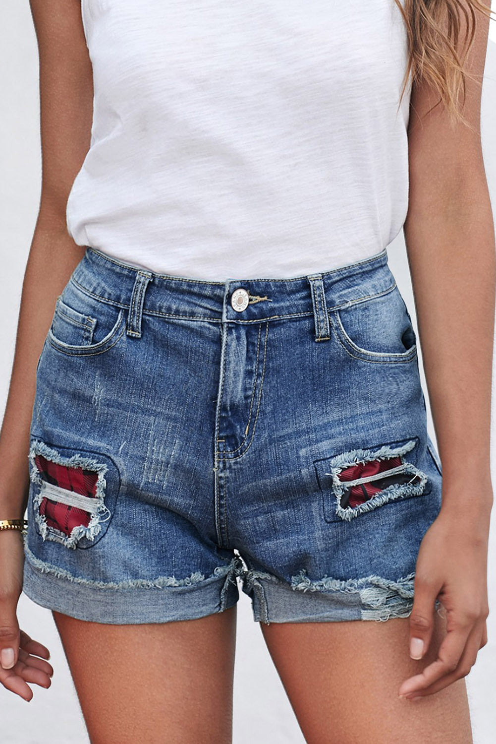 LC78823-3-S, LC78823-3-M, LC78823-3-L, LC78823-3-XL, LC78823-3-2XL, Red Ripped Patchwork Hem Denim Shorts for Women
