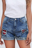 LC78823-3-S, LC78823-3-M, LC78823-3-L, LC78823-3-XL, LC78823-3-2XL, Red Ripped Patchwork Hem Denim Shorts for Women