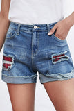 LC78823-3-S, LC78823-3-M, LC78823-3-L, LC78823-3-XL, LC78823-3-2XL, Red Ripped Patchwork Hem Denim Shorts for Women