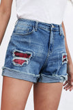 LC78823-3-S, LC78823-3-M, LC78823-3-L, LC78823-3-XL, LC78823-3-2XL, Red Ripped Patchwork Hem Denim Shorts for Women
