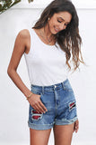 LC78823-3-S, LC78823-3-M, LC78823-3-L, LC78823-3-XL, LC78823-3-2XL, Red Ripped Patchwork Hem Denim Shorts for Women