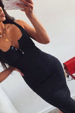 Black Sleeveless Tank Dress Buttons Ribbed Knit Bodycon Midi Dress LC224949-2
