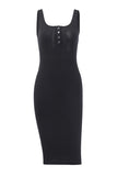 Black Sleeveless Tank Dress Buttons Ribbed Knit Bodycon Midi Dress LC224949-2