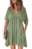 LC223667-9-S, LC223667-9-M, LC223667-9-L, LC223667-9-XL, Green Womens Kimono Sleeve V-neck Babydoll Tiered Mini Dress
