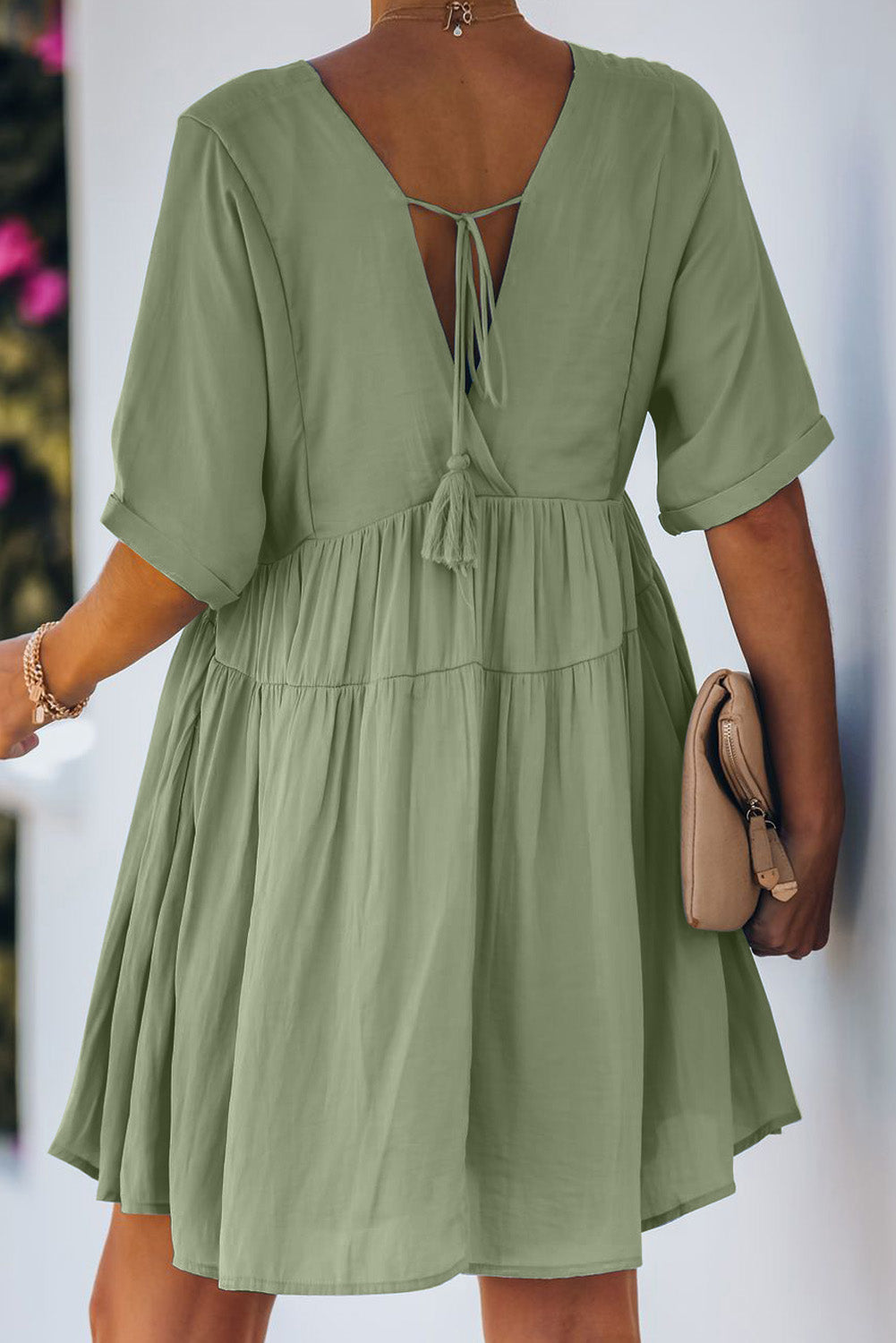 LC223667-9-S, LC223667-9-M, LC223667-9-L, LC223667-9-XL, Green Womens Kimono Sleeve V-neck Babydoll Tiered Mini Dress