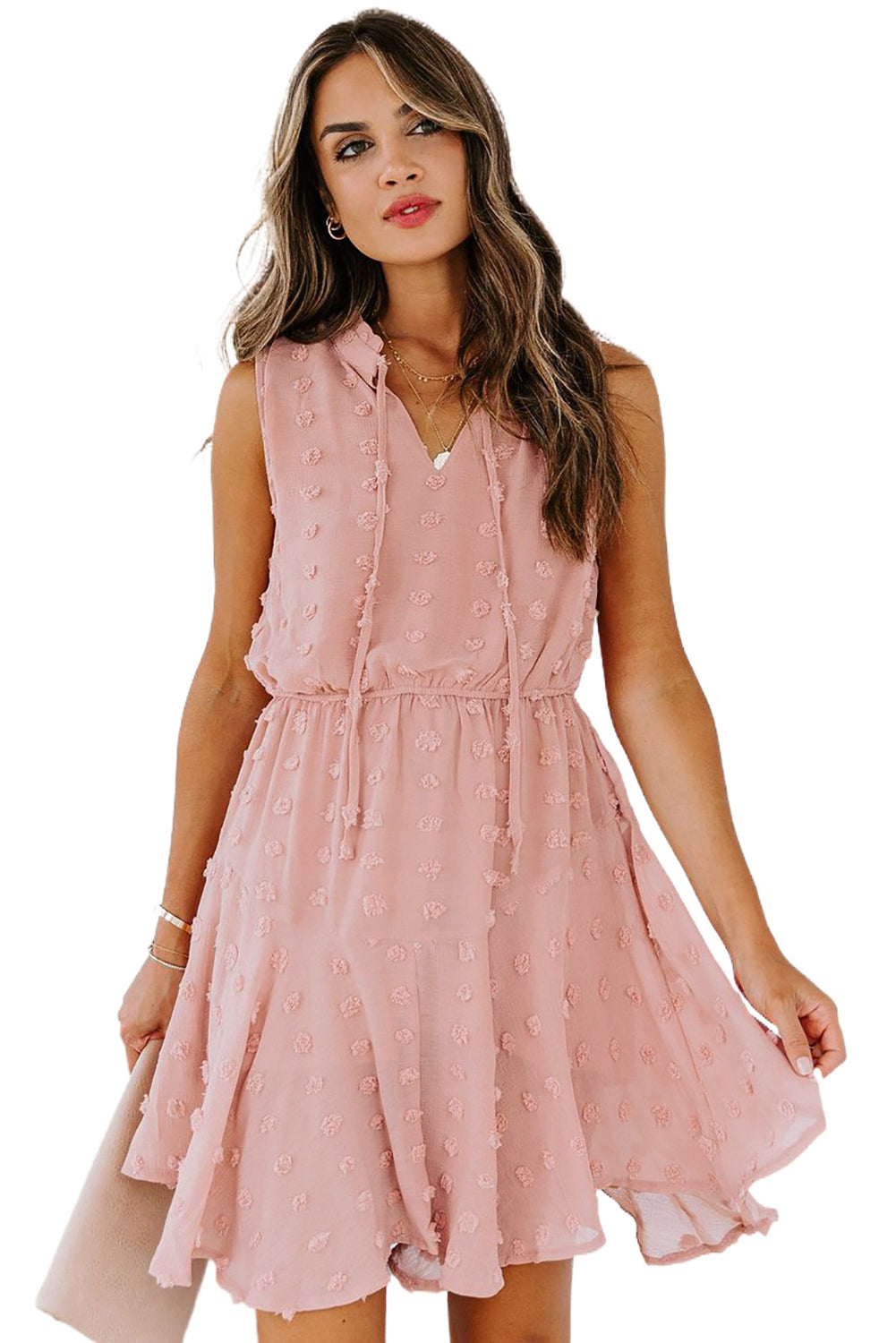 Pink Womens Sleeveless Split Neck Pom Pom Flowy Mini Dress LC225086-10