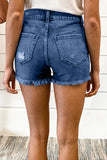 Blue Women's Casual Frayed Hem Single-breasted Ripped Denim Shorts LC78838-5