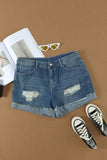 Blue Distressed Denim Short for Women Ripped Rolled Hem Blue Denim Jean Shorts LC77173-5