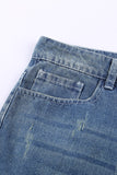 Blue Distressed Denim Short for Women Ripped Rolled Hem Blue Denim Jean Shorts LC77173-5