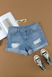 Sky Blue Distressed Denim Short for Women Ripped Rolled Hem Blue Denim Jean Shorts LC77173-4