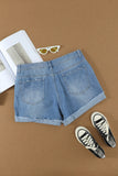 Sky Blue Distressed Denim Short for Women Ripped Rolled Hem Blue Denim Jean Shorts LC77173-4