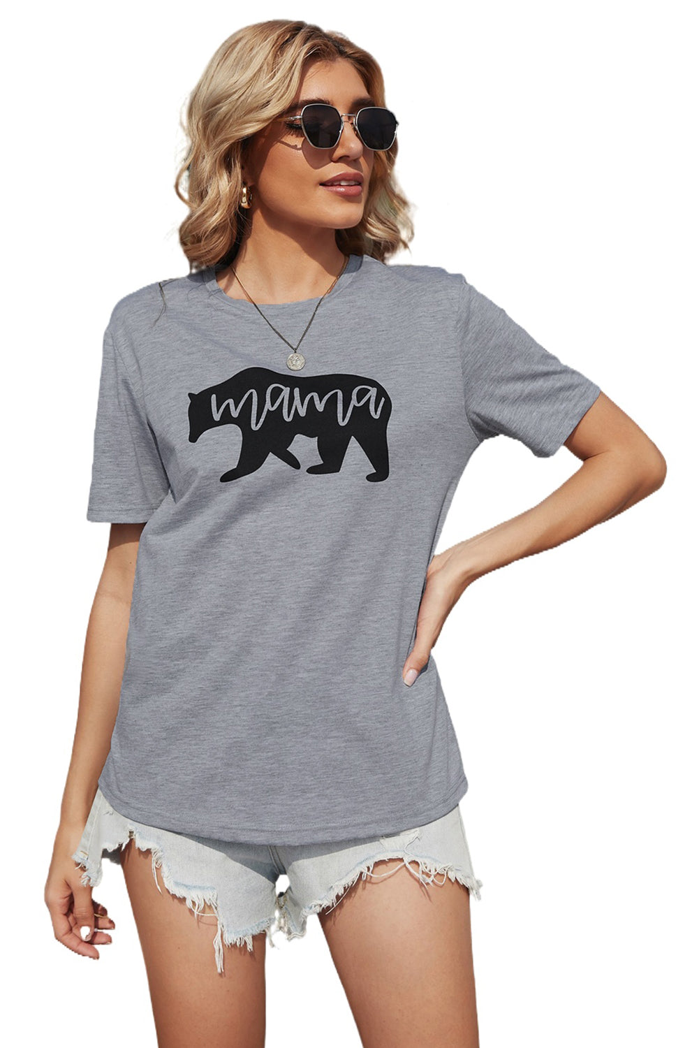 Gray Mama Bear Print Crew Neck Short Sleeve T Shirts Funny Bear Graphic Mom Tee Tops LC2522590-11