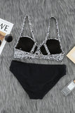 LC43334-2-S, LC43334-2-M, LC43334-2-L, LC43334-2-XL, LC43334-2-2XL, Black Women's Twisted Bust Striped Bikini Set Two Piece Bathing Suit