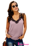 LC251886-10-S, LC251886-10-M, LC251886-10-L, LC251886-10-XL, LC251886-10-2XL, Pink Women's V Neck Sleeveless Lace Trim Camisole Sleeveless Tank Top