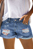 LC78823-1-S, LC78823-1-M, LC78823-1-L, LC78823-1-XL, LC78823-1-2XL, White Ripped Patchwork Hem Denim Shorts for Women