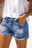 LC78823-1-S, LC78823-1-M, LC78823-1-L, LC78823-1-XL, LC78823-1-2XL, White Ripped Patchwork Hem Denim Shorts for Women