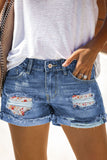 LC78823-1-S, LC78823-1-M, LC78823-1-L, LC78823-1-XL, LC78823-1-2XL, White Ripped Patchwork Hem Denim Shorts for Women