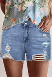 Blue High Rise Destroyed Denim Shorts Summer Frayed Raw Jeans Shorts LC78839-5