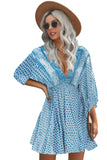 LC221873-4-S, LC221873-4-M, LC221873-4-L, LC221873-4-XL, Sky Blue Bohemian 3/4 Sleeve V Neck Vintage Mini Dress for Women