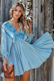 LC221873-4-S, LC221873-4-M, LC221873-4-L, LC221873-4-XL, Sky Blue Bohemian 3/4 Sleeve V Neck Vintage Mini Dress for Women