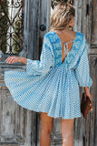 LC221873-4-S, LC221873-4-M, LC221873-4-L, LC221873-4-XL, Sky Blue Bohemian 3/4 Sleeve V Neck Vintage Mini Dress for Women