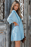 LC221873-4-S, LC221873-4-M, LC221873-4-L, LC221873-4-XL, Sky Blue Bohemian 3/4 Sleeve V Neck Vintage Mini Dress for Women