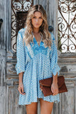 LC221873-4-S, LC221873-4-M, LC221873-4-L, LC221873-4-XL, Sky Blue Bohemian 3/4 Sleeve V Neck Vintage Mini Dress for Women