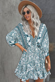 LC221873-9-S, LC221873-9-M, LC221873-9-L, LC221873-9-XL, Green Bohemian 3/4 Sleeve V Neck Vintage Mini Dress for Women