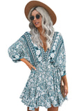 LC221873-9-S, LC221873-9-M, LC221873-9-L, LC221873-9-XL, Green Bohemian 3/4 Sleeve V Neck Vintage Mini Dress for Women