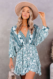 LC221873-9-S, LC221873-9-M, LC221873-9-L, LC221873-9-XL, Green Bohemian 3/4 Sleeve V Neck Vintage Mini Dress for Women