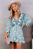 LC221873-9-S, LC221873-9-M, LC221873-9-L, LC221873-9-XL, Green Bohemian 3/4 Sleeve V Neck Vintage Mini Dress for Women