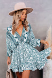 LC221873-9-S, LC221873-9-M, LC221873-9-L, LC221873-9-XL, Green Bohemian 3/4 Sleeve V Neck Vintage Mini Dress for Women