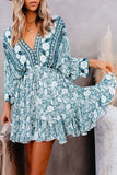 LC221873-9-S, LC221873-9-M, LC221873-9-L, LC221873-9-XL, Green Bohemian 3/4 Sleeve V Neck Vintage Mini Dress for Women