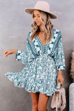 LC221873-9-S, LC221873-9-M, LC221873-9-L, LC221873-9-XL, Green Bohemian 3/4 Sleeve V Neck Vintage Mini Dress for Women