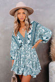 LC221873-9-S, LC221873-9-M, LC221873-9-L, LC221873-9-XL, Green Bohemian 3/4 Sleeve V Neck Vintage Mini Dress for Women