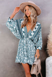 LC221873-9-S, LC221873-9-M, LC221873-9-L, LC221873-9-XL, Green Bohemian 3/4 Sleeve V Neck Vintage Mini Dress for Women