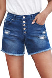 Blue Women's Casual Frayed Hem Single-breasted Ripped Denim Shorts LC78838-5