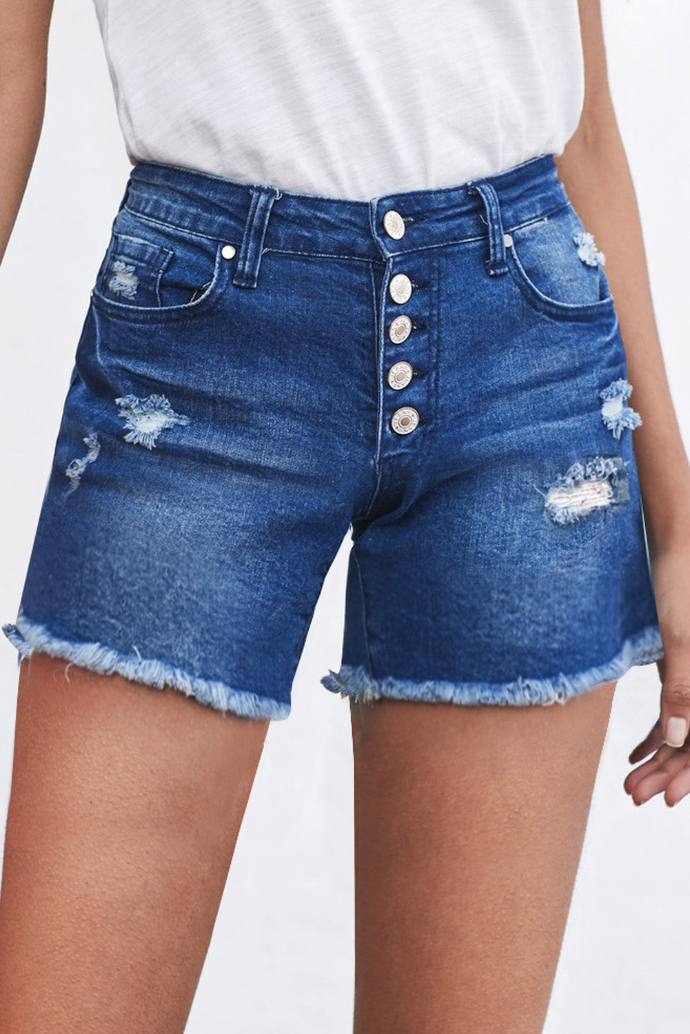 Blue Women's Casual Frayed Hem Single-breasted Ripped Denim Shorts LC78838-5