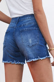 Blue Women's Casual Frayed Hem Single-breasted Ripped Denim Shorts LC78838-5