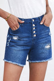 Blue Women's Casual Frayed Hem Single-breasted Ripped Denim Shorts LC78838-5