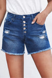 Blue Women's Casual Frayed Hem Single-breasted Ripped Denim Shorts LC78838-5