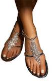 LC12595-13-37, LC12595-13-38, LC12595-13-39, LC12595-13-40, LC12595-13-41, LC12595-13-42, Silver Glitter Rhinestone T Strap Slide Flat Women Sandals Flip Flop
