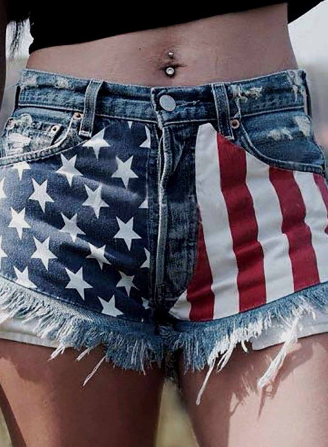Blue Women's Shorts Striped Flag Star Button Pocket Mid Waist Straight Casual Shorts LC781736-5