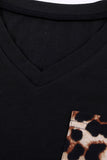 TZ25256-2-S, TZ25256-2-M, TZ25256-2-L, TZ25256-2-XL, TZ25256-2-XXL, Black Kids Leopard Print Tops V Neck Leopard Shirts Short Sleeve Blouses with Pocket